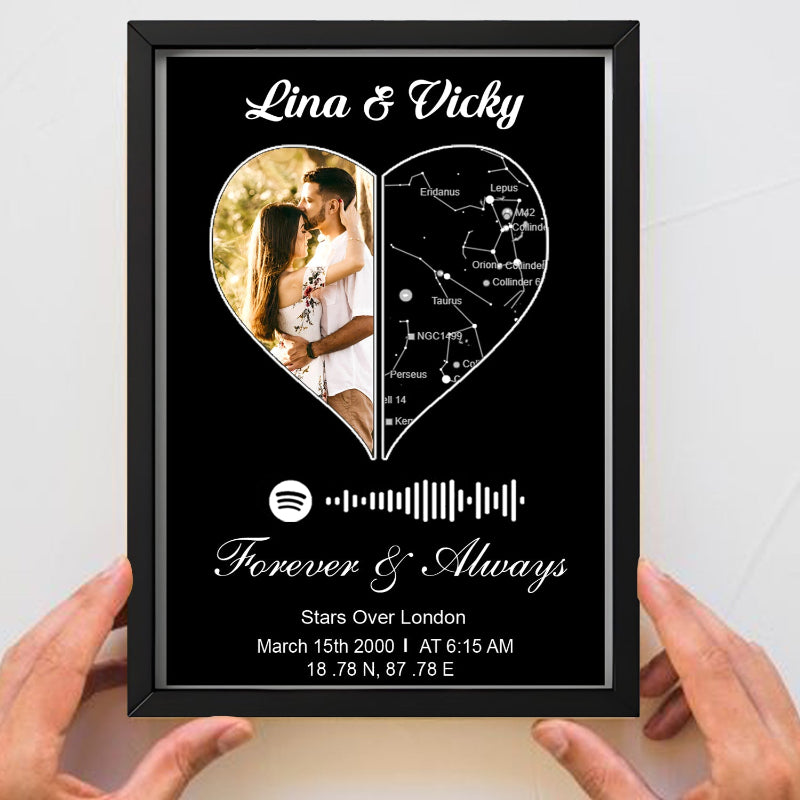 Framed artwork with a heart-shaped design, photo of a couple, and Spotify music code on a black background.