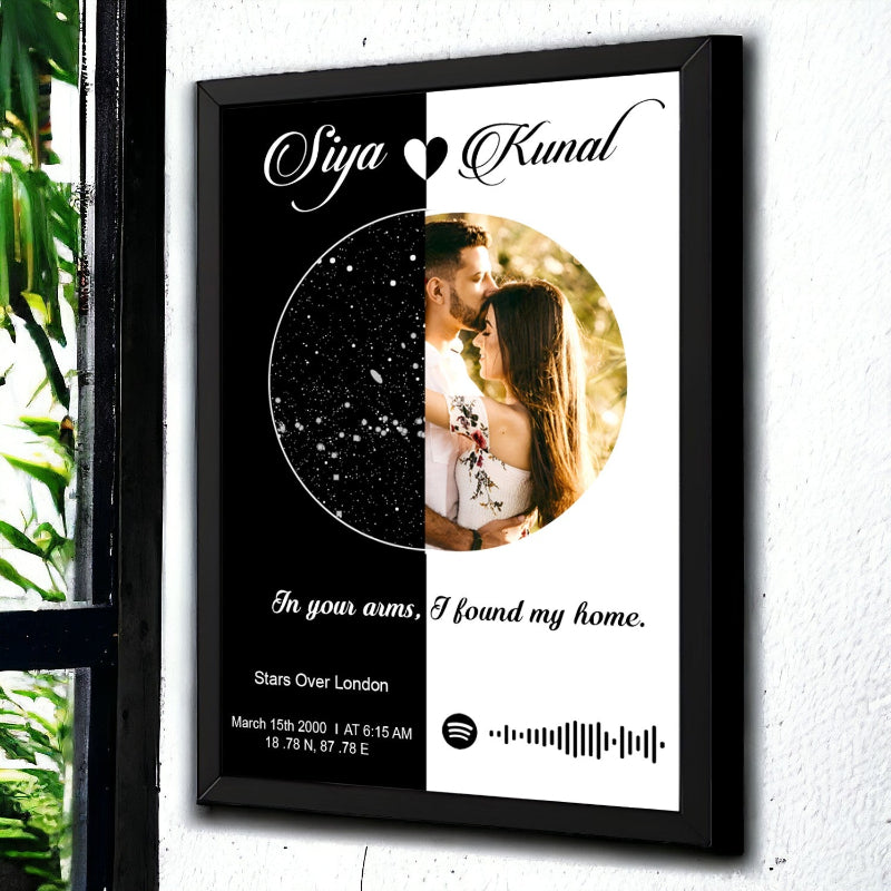 Framed artwork with a couple's photo, starry night design, and text on a white wall.