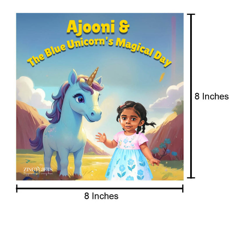 Book cover of 'Ajooni & The Blue Unicorn's Magical Day' with a unicorn and a girl, dimensions indicated.