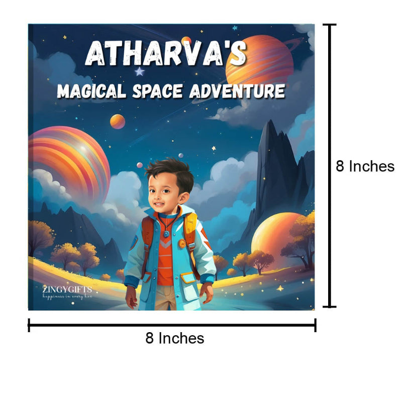 Book cover titled 'Atharva's Magical Space Adventure' with a child and space-themed design, dimensions indicated.