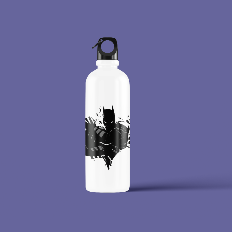 White water bottle with black batman logo on a purple background
