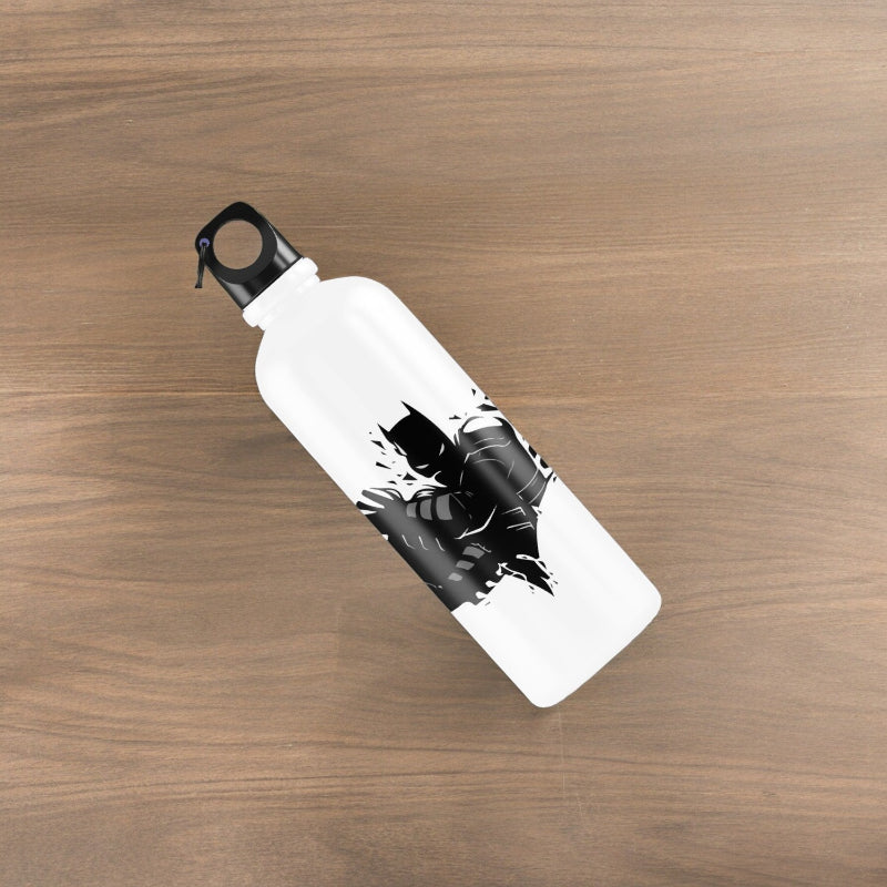 White water bottle with black graphic design on a wooden surface