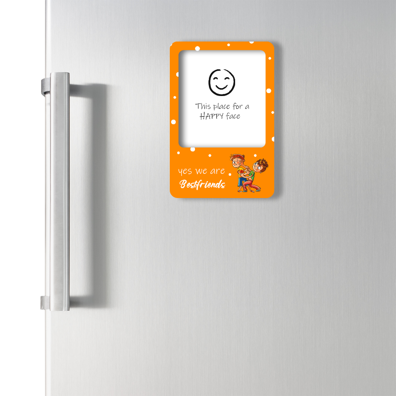Fridge magnet with cartoon characters and text on a refrigerator door