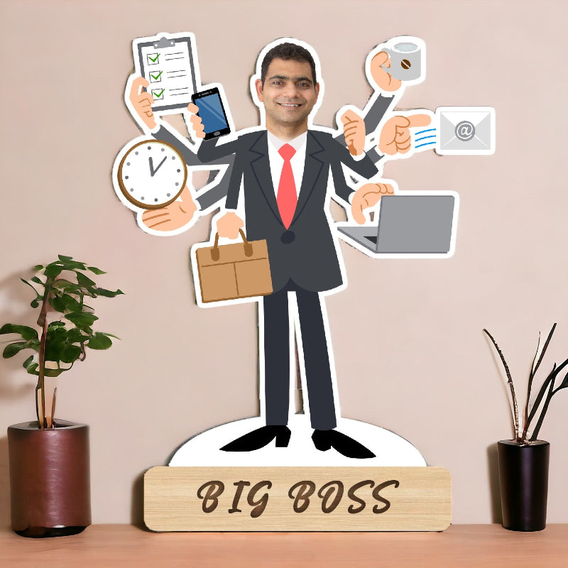 A personalized caricature of a man in a suit, labeled 'BIG BOSS', with various office-related items like a clock, laptop, and briefcase depicted around him.