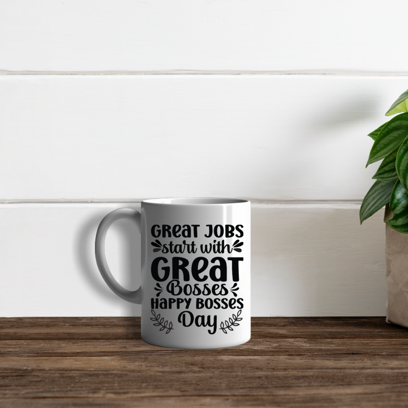 White mug with text on a wooden surface and white wall background