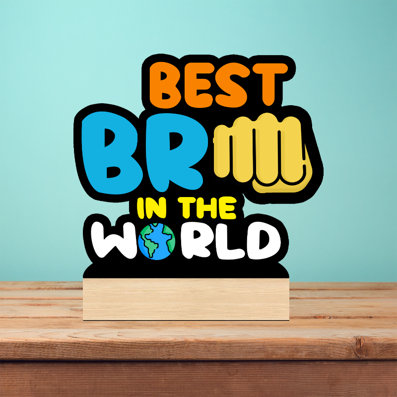 Decorative sign with 'Best BFF in the World' text on a wooden stand against a light blue background.
