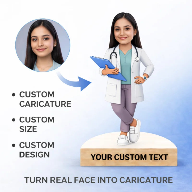 Custom caricature of a woman in a doctor's outfit with customizable text on a blue background