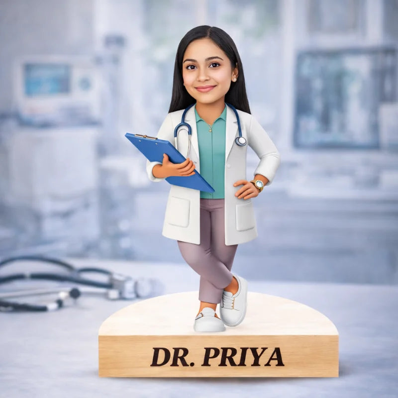 CARICATURE of a doctor named Dr. Priya holding a clipboard with a blurred medical setting in the background.