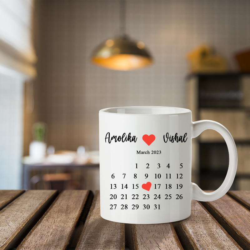 White mug with personalized design on a wooden table