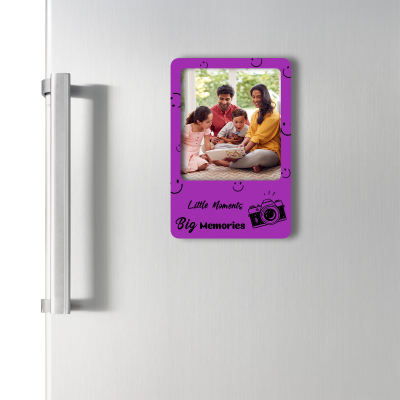Purple photo frame magnet on a refrigerator with a family photo inside