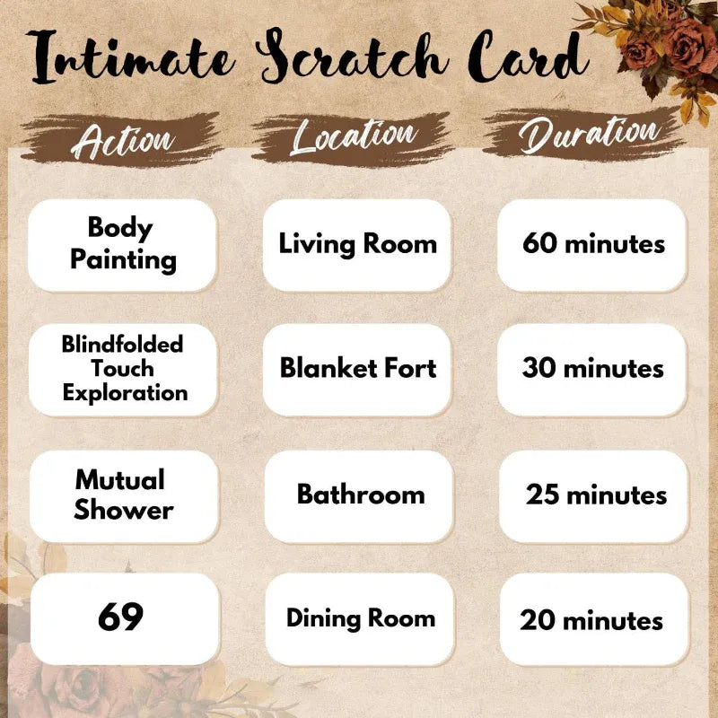 Intimate Scratch Card with actions, locations, and durations on a brown background.
