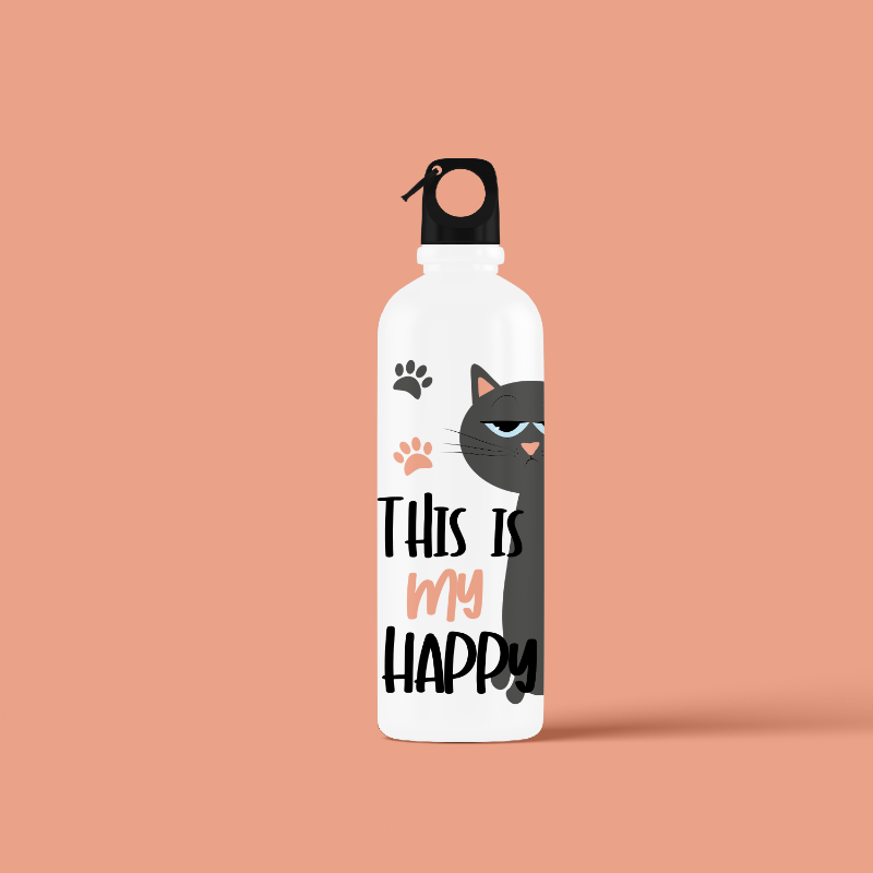 White water bottle with a cat illustration and text on a peach background