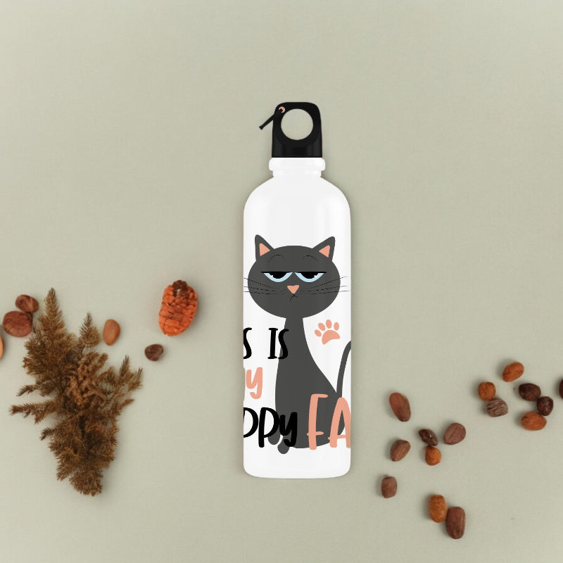 White water bottle with a cat design and text on a beige background