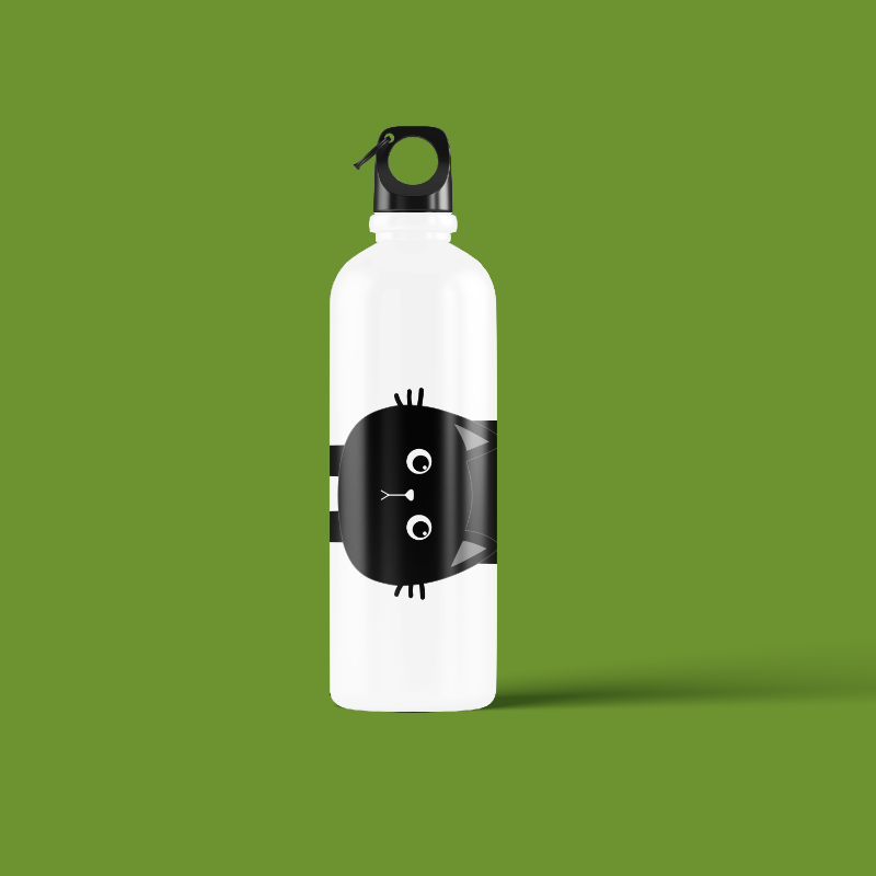 White water bottle with black robot design on a green background