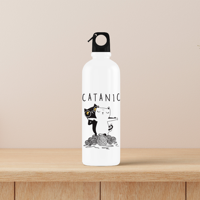 White water bottle with black cat and white cat illustration and 'CATANIC' text on a beige background