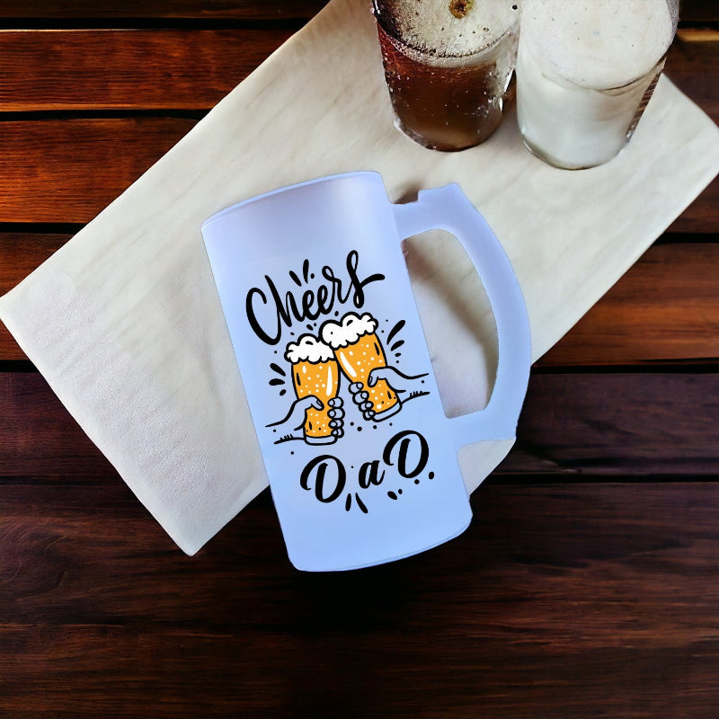 Light blue mug with 'Cheers Dads' text and beer graphics on a wooden surface.