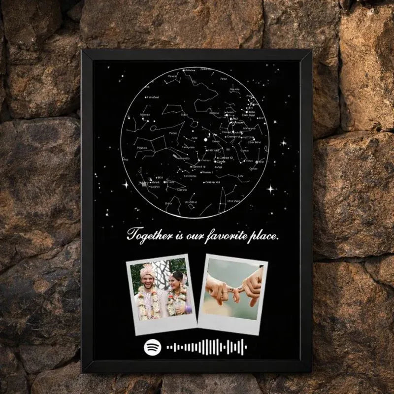 Framed star map with constellation design and two photos on a stone wall background