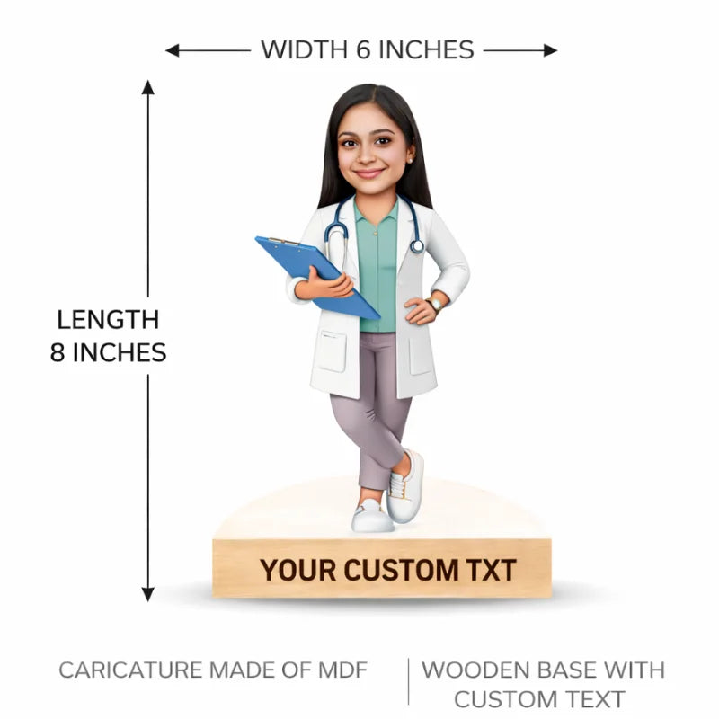 Doctor CUSTOM CARICATURE with measurements and customizable text on a white background