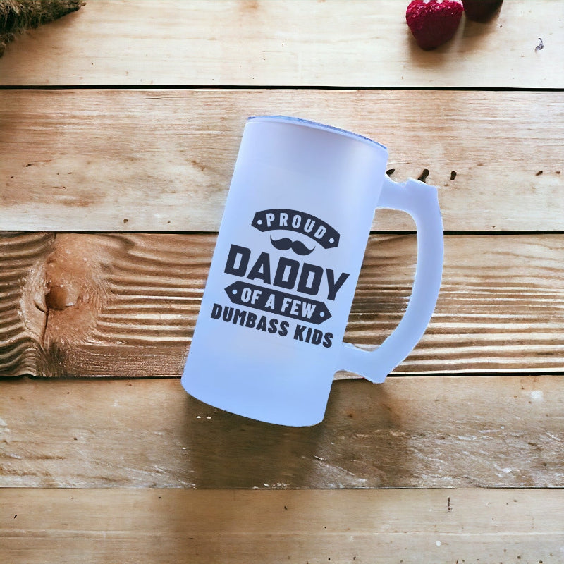 Frosted mug with text on a wooden surface