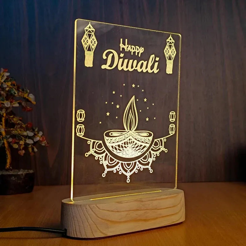 Decorative LED lamp with 'Happy Diwali' text and lamp illustrations on a wooden base.