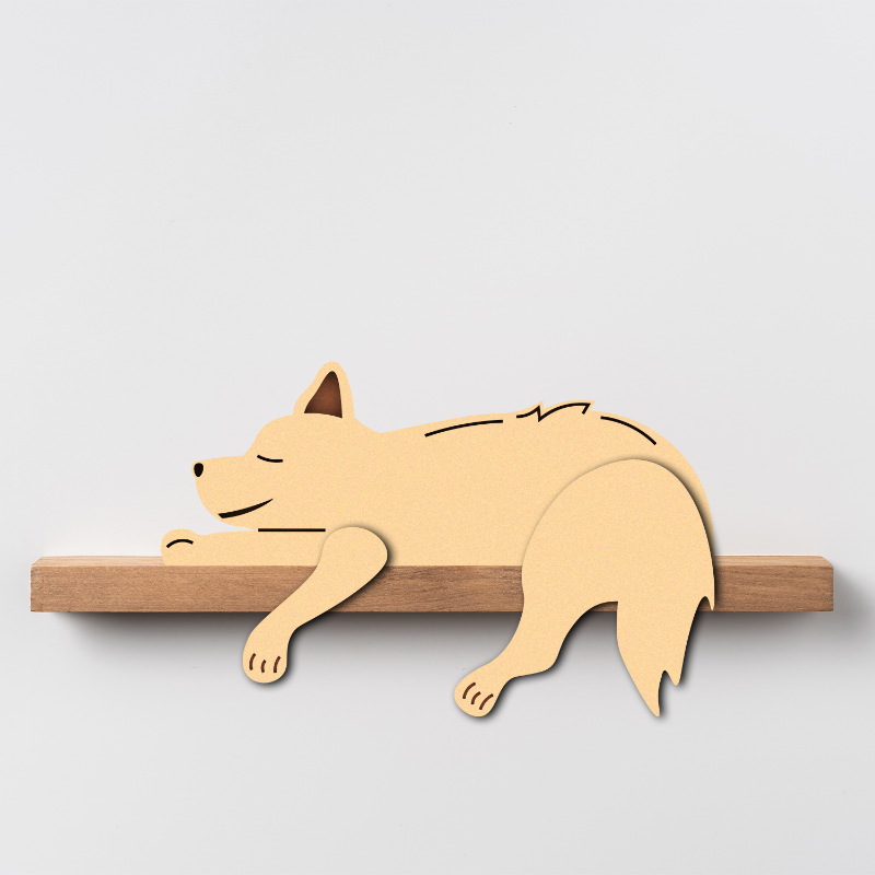 A wooden decorative shelf in the shape of a cute dog lying down, designed to be mounted on a wall.