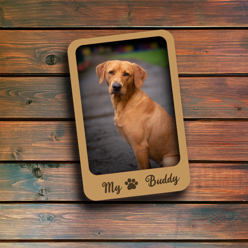 Dog photo frame with 'My Buddy' engraving on a wooden background