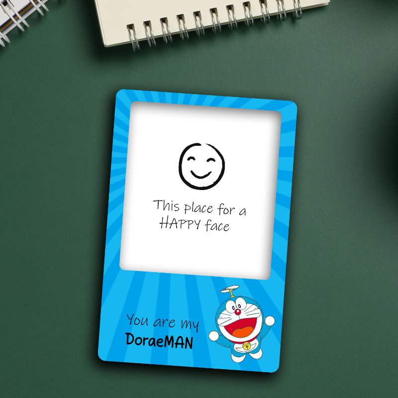 Blue frame with a cartoon character on a green background