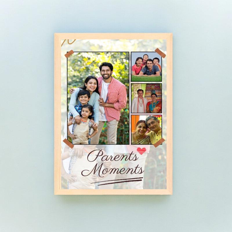 A wooden photo frame with multiple photo slots, featuring an image of a family with children and grandparents.