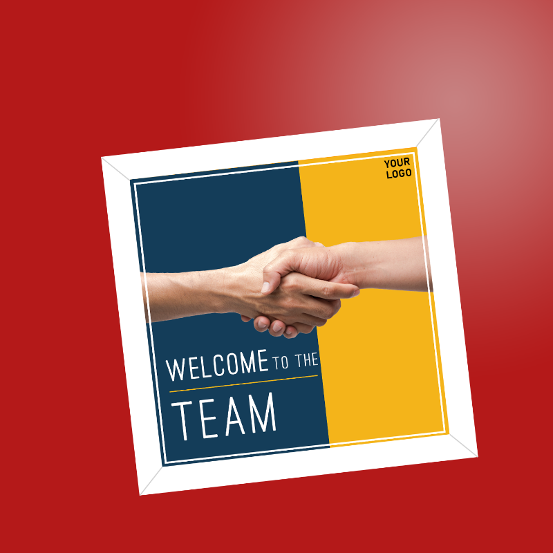 Poster with handshake graphic and 'Welcome to the Team' text on a red background