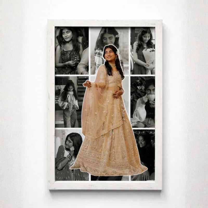 Framed collage of a woman in a traditional outfit with black and white photos around her