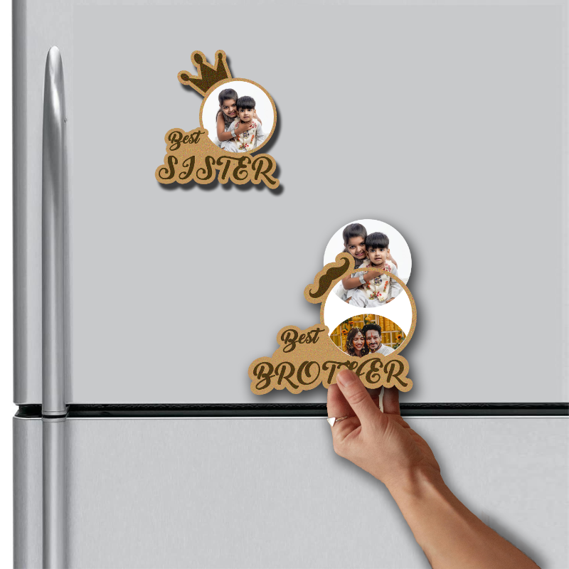 Fridge magnets with 'Best Sister' and 'Best Brother' text on a refrigerator.