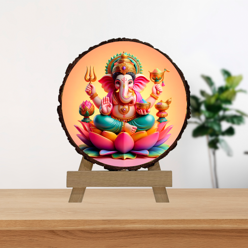 Colorful statue of a deity on a wooden stand with a white background