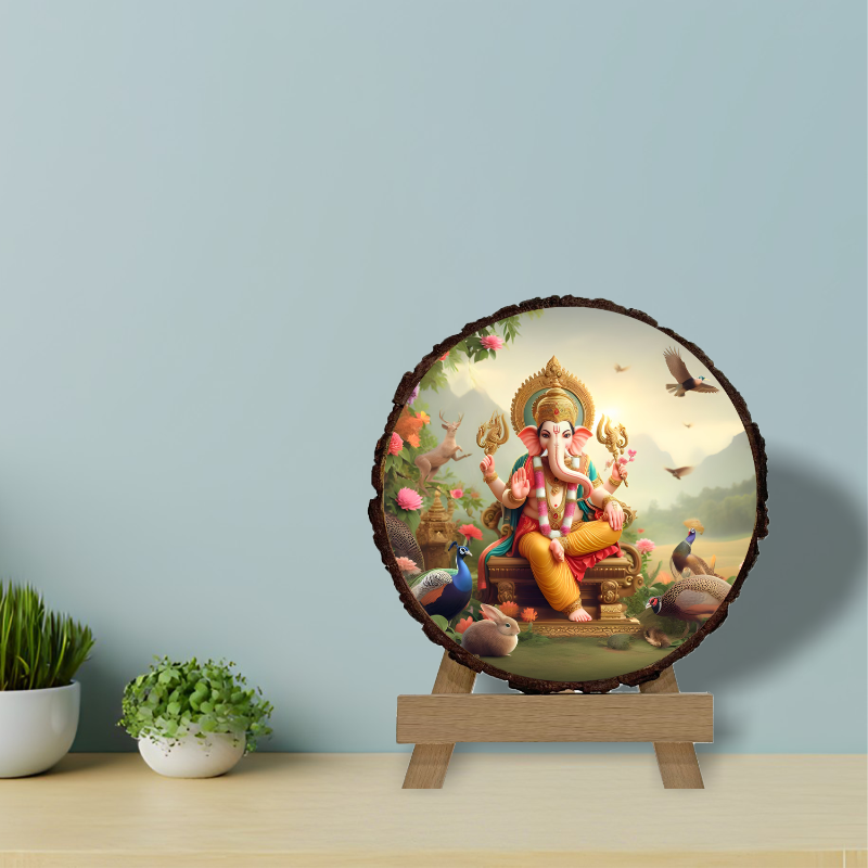 Decorative piece with a colorful depiction of a deity on a wooden stand against a light blue wall.