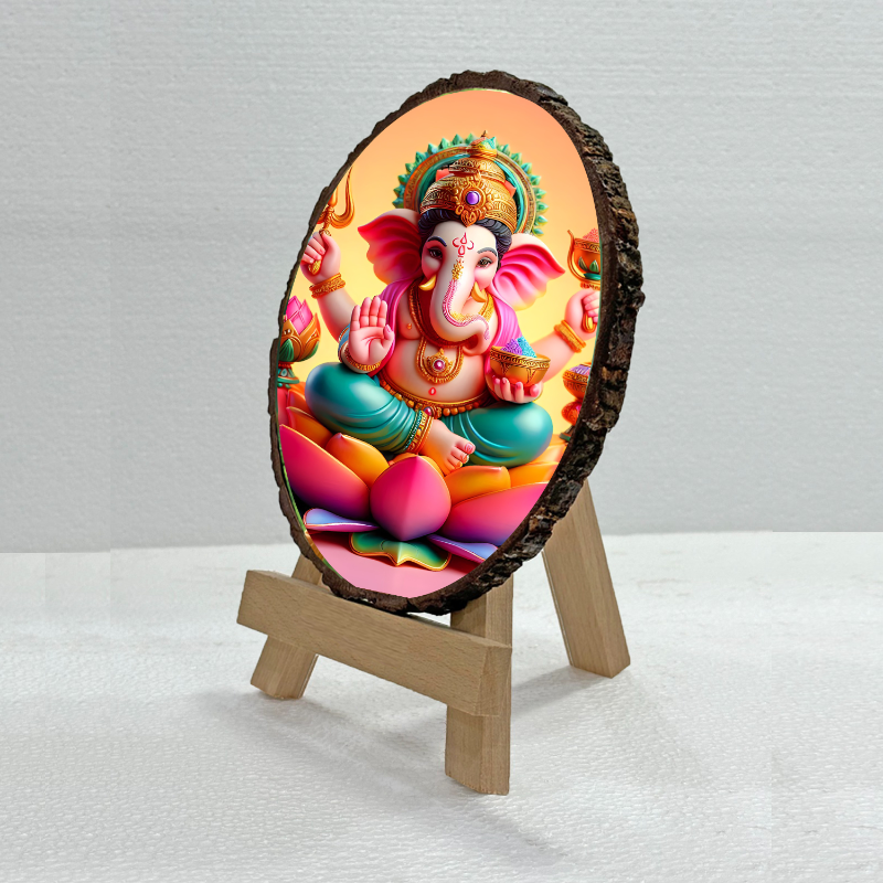 Colorful statue of a deity on a wooden stand with a light gray background
