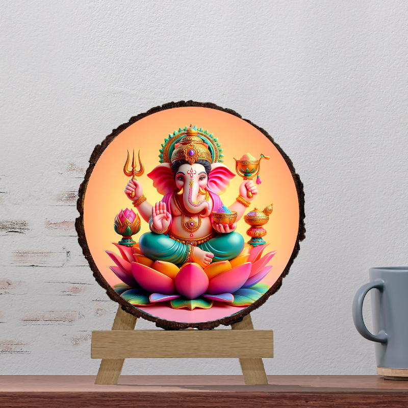 Colorful statue of a deity on a wooden stand with a light gray background