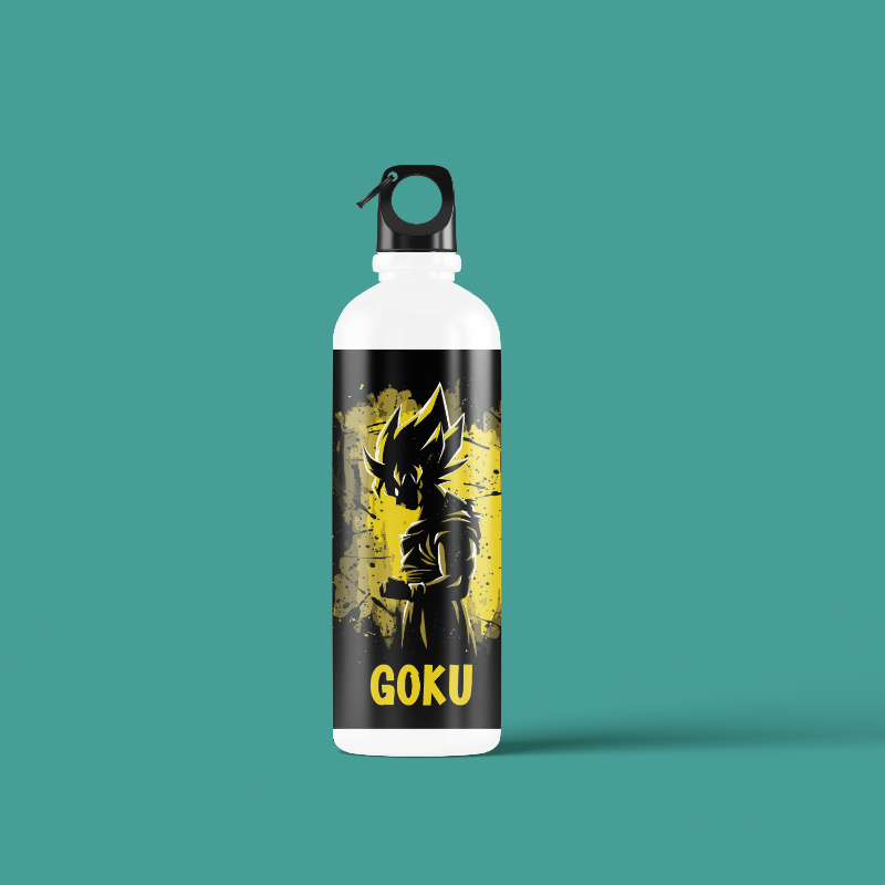 Water bottle with 'Goku' design on a teal background