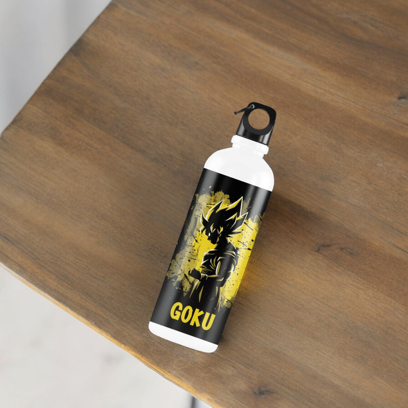 Water bottle with 'Goku' design on a wooden surface
