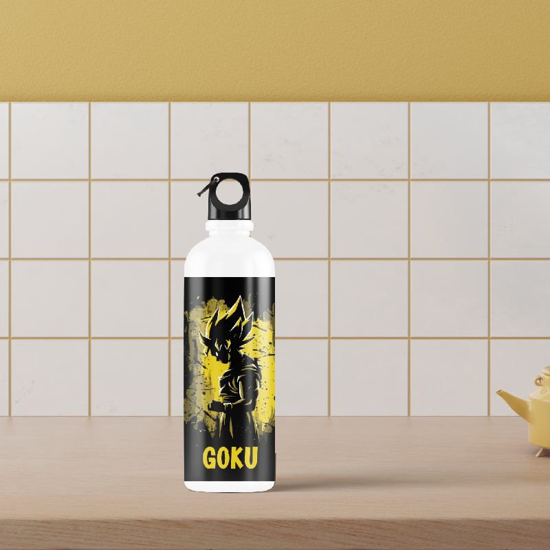 Water bottle with 'Goku' design on a kitchen counter