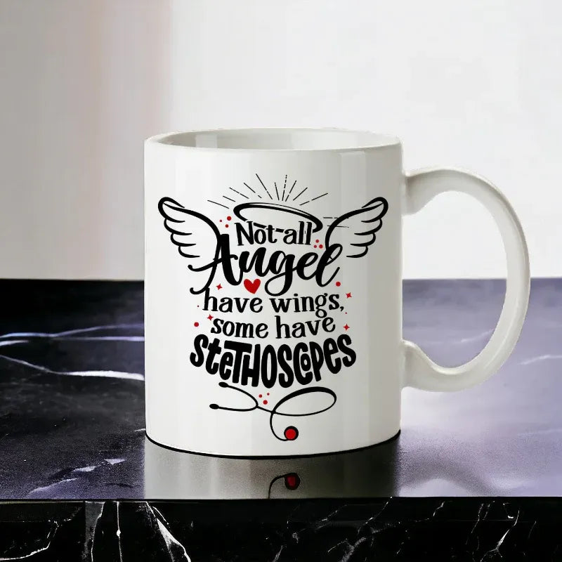 White mug with humorous text design on a reflective surface