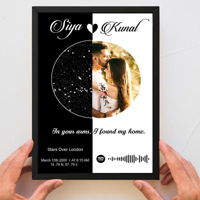 Personalized framed photo with couple's name, quote, and Spotify code.