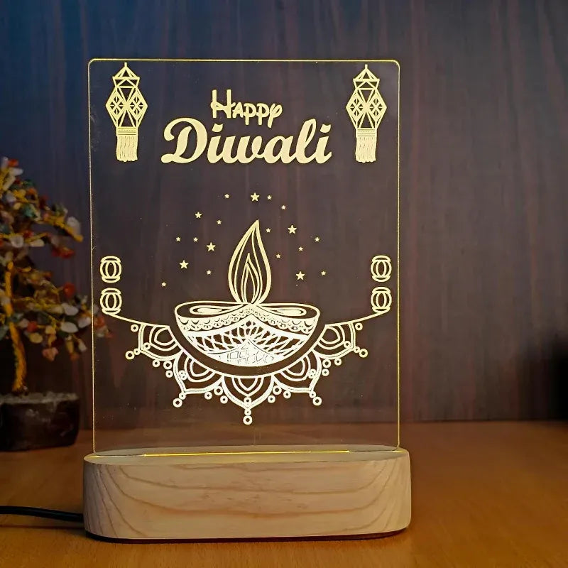 Decorative lamp with 'Happy Diwali' text and a design of a lit oil lamp on a wooden base.