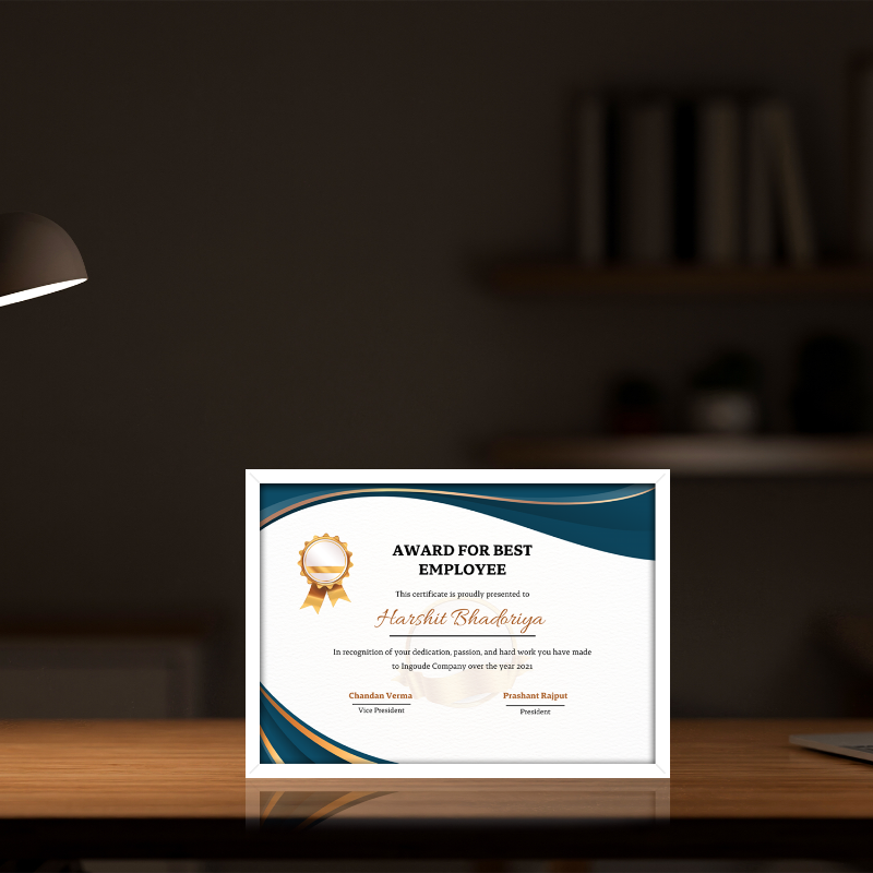 Certificate for best employee on a desk with a blurred background