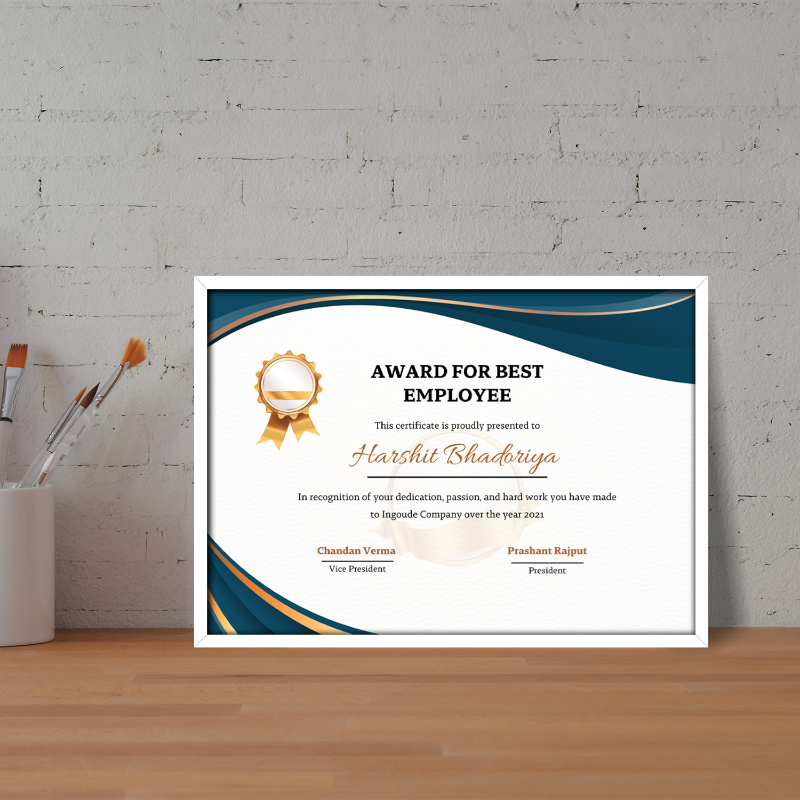 Certificate for best employee on a wooden surface with a gray brick wall background zingy gifts