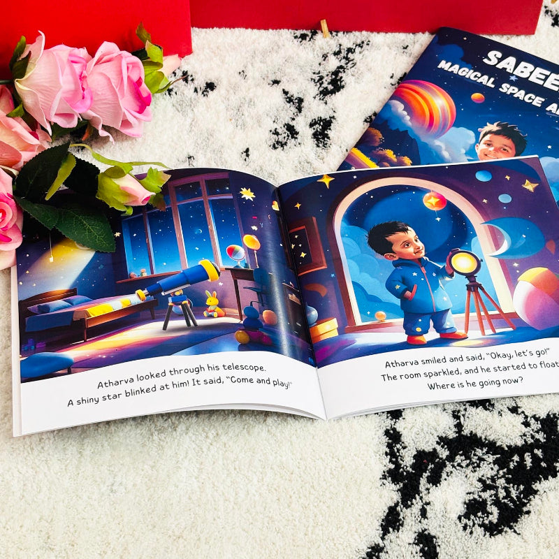 Children's book with space-themed illustrations on a textured surface with flowers.