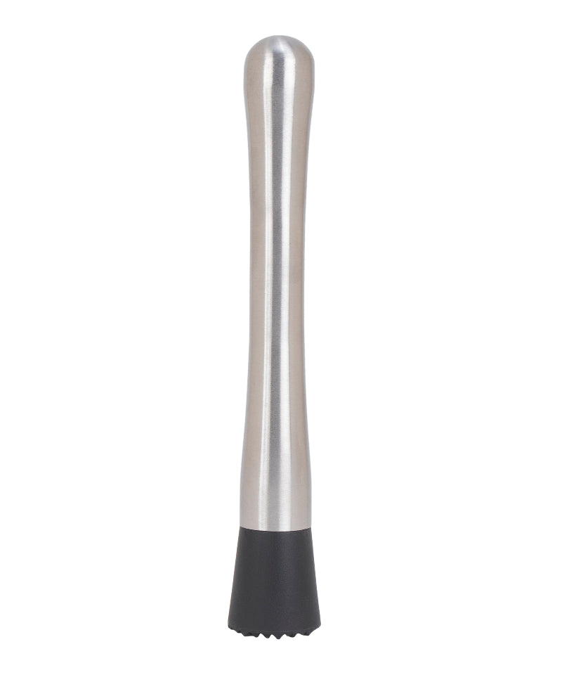 Metallic kitchen tool with black base on a white background