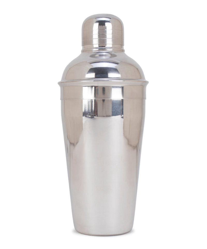 Stainless steel cocktail shaker on a white background