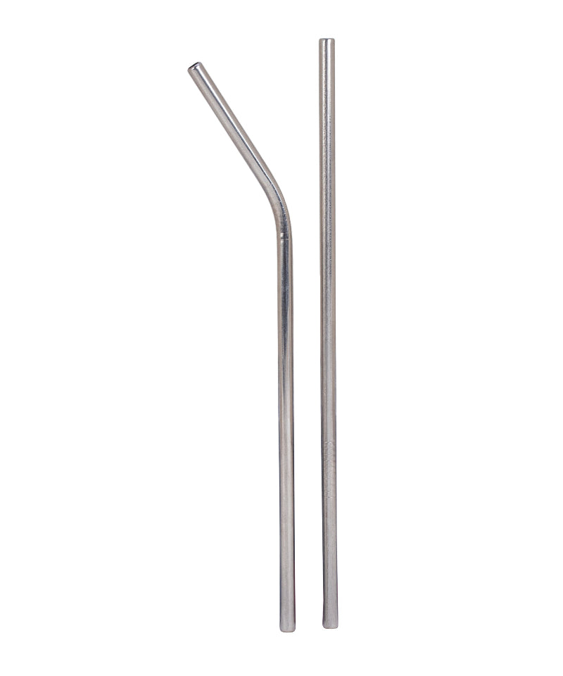 Two metal straws, one bent and one straight, on a white background
