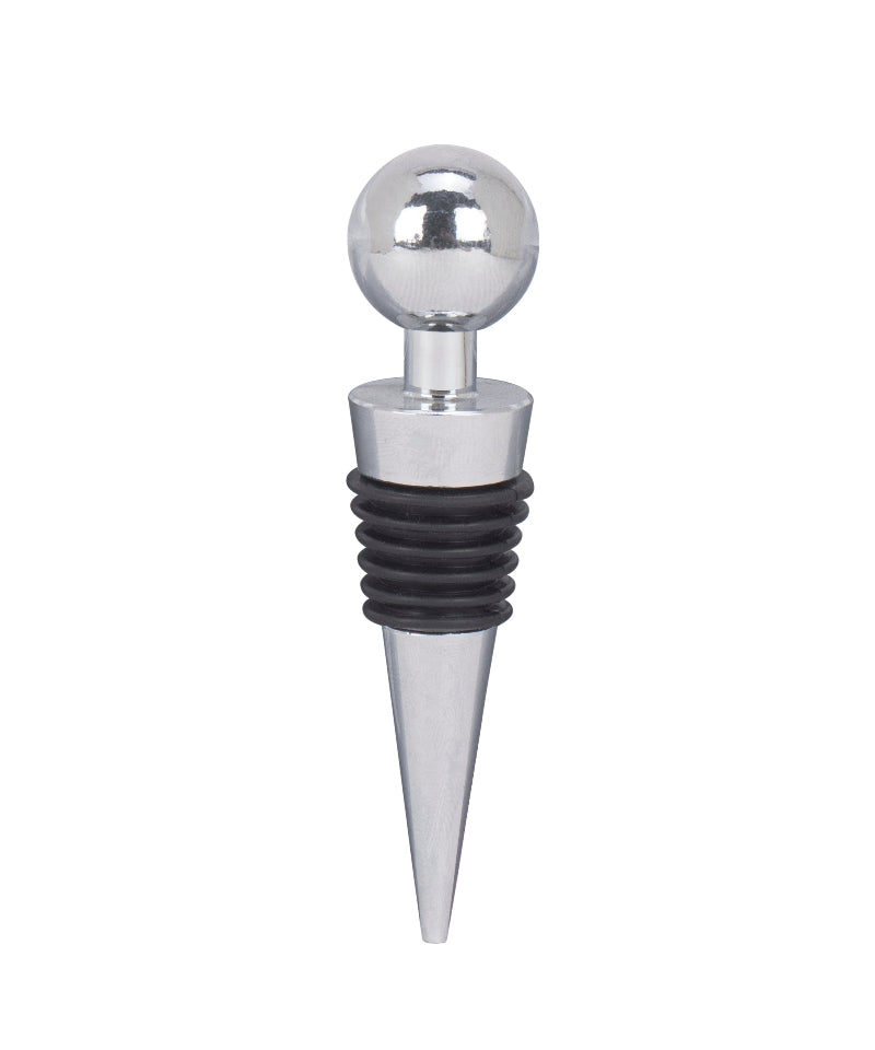 Silver wine bottle stopper with black rubber sleeve on a white background