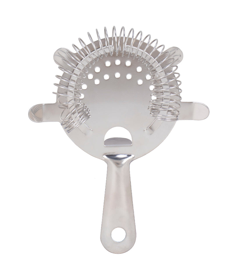 Metallic cocktail strainer on a white background