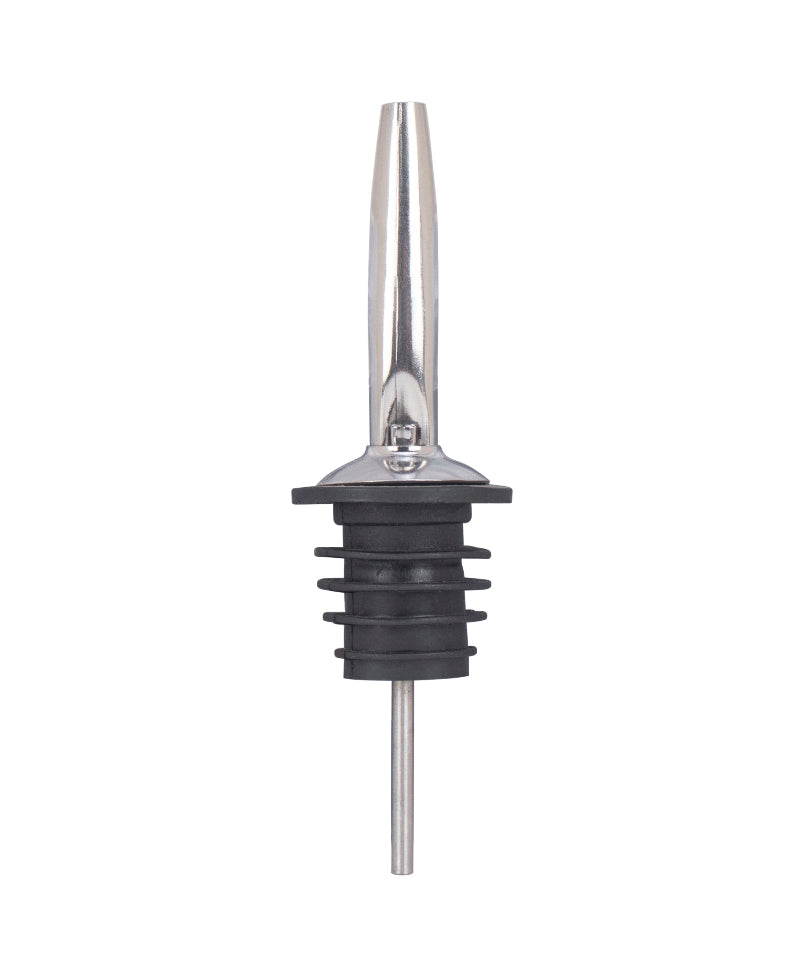 Bottle stopper with black rubber base and silver metal top on a white background